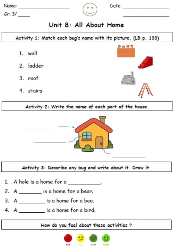 ورقة عمل Unit 8 All About Home اللغة الإنجليزية الصف الثالث