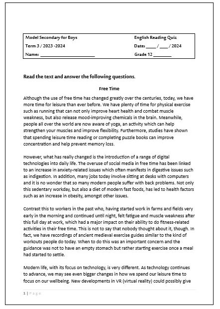 مراجعة Reading Test اللغة الإنجليزية الصف الثاني عشر