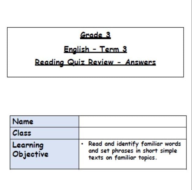 حل امتحان Reading Quiz Review اللغة الإنجليزية الصف الثالث