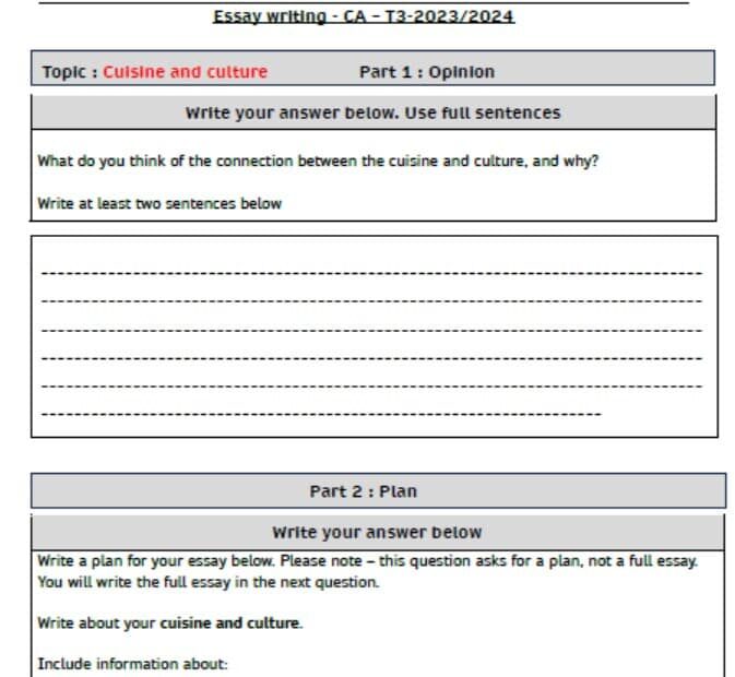 ورقة عمل كتابة Cuisine and culture اللغة الإنجليزية الصف التاسع متقدم