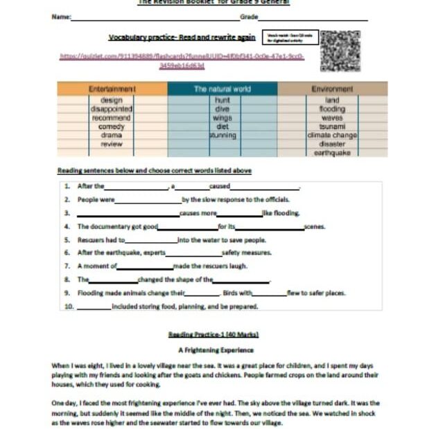 ورقة عمل Revision Booklet اللغة الإنجليزية الصف التاسع عام