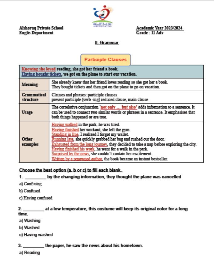 مراجعة Grammar & Reading اللغة الإنجليزية الصف الحادي عشر 