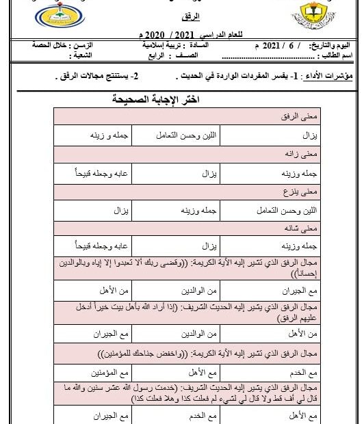 ورقة عمل الرفق التربية الإسلامية الصف الرابع