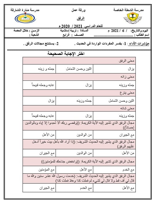 ورقة عمل الرفق التربية الإسلامية الصف الرابع 