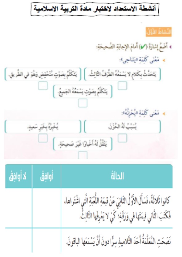 أنشطة الاستعداد لاختبار التربية الإسلامية الصف الثاني 