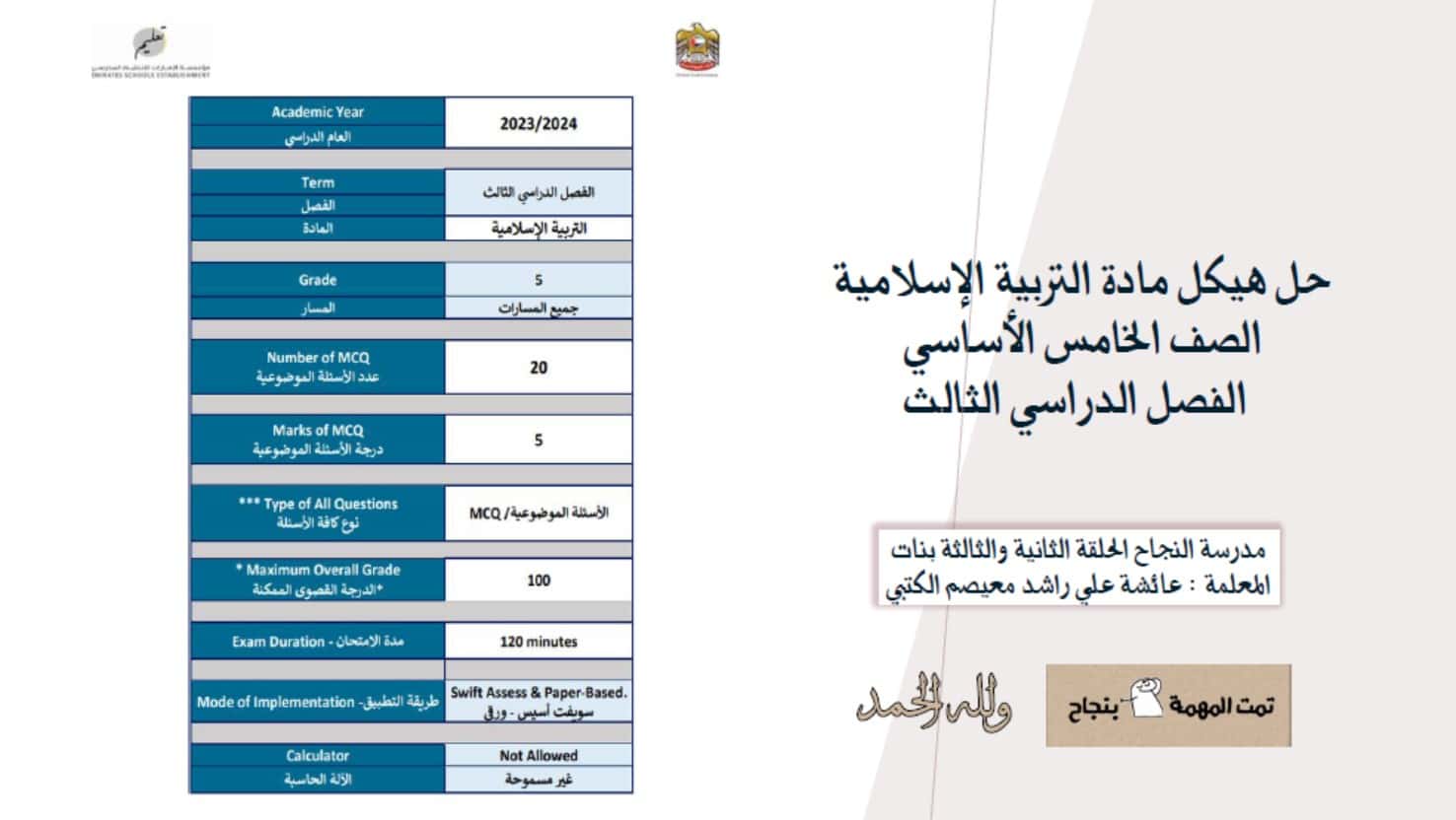 حل أسئلة هيكل امتحان التربية الإٍسلامية الصف الخامس