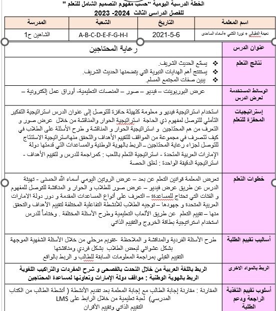 الخطة الدرسية اليومية رعاية المحتاجين التربية الإسلامية الصف الثالث - بوربوينت