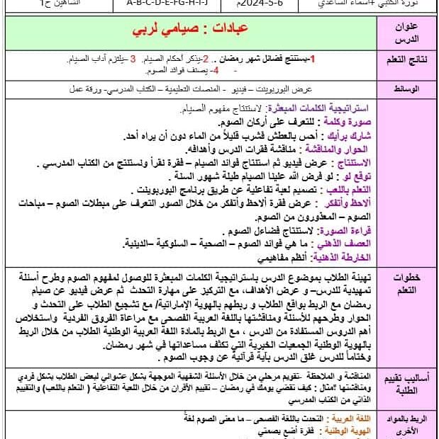 الخطة الدرسية اليومية صيامي لربي التربية الإسلامية الصف الرابع - بوربوينت