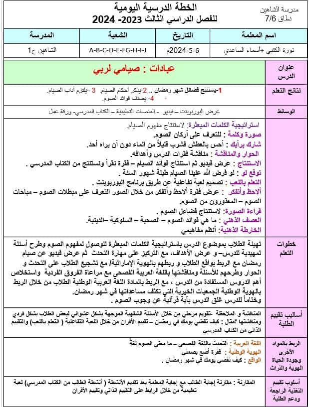 الخطة الدرسية اليومية صيامي لربي التربية الإسلامية الصف الرابع - بوربوينت