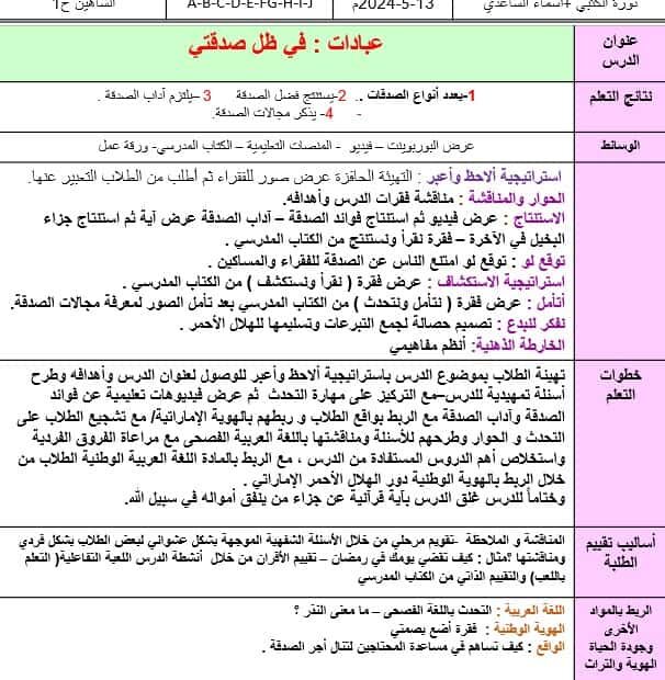 الخطة الدرسية اليومية في ظل صدقتي التربية الإسلامية الصف الرابع - بوربوينت