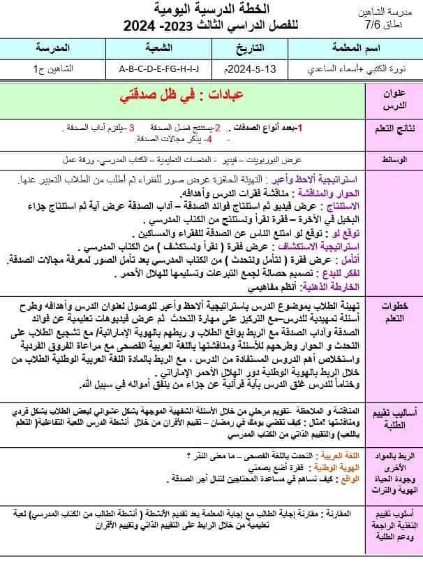 الخطة الدرسية اليومية في ظل صدقتي التربية الإسلامية الصف الرابع - بوربوينت