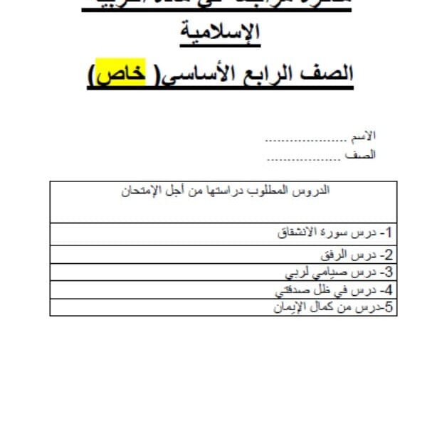 مذكرة مراجعة التربية الإسلامية الصف الرابع