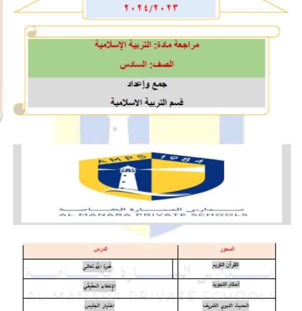 مراجعة عامة التربية الإسلامية الصف السادس