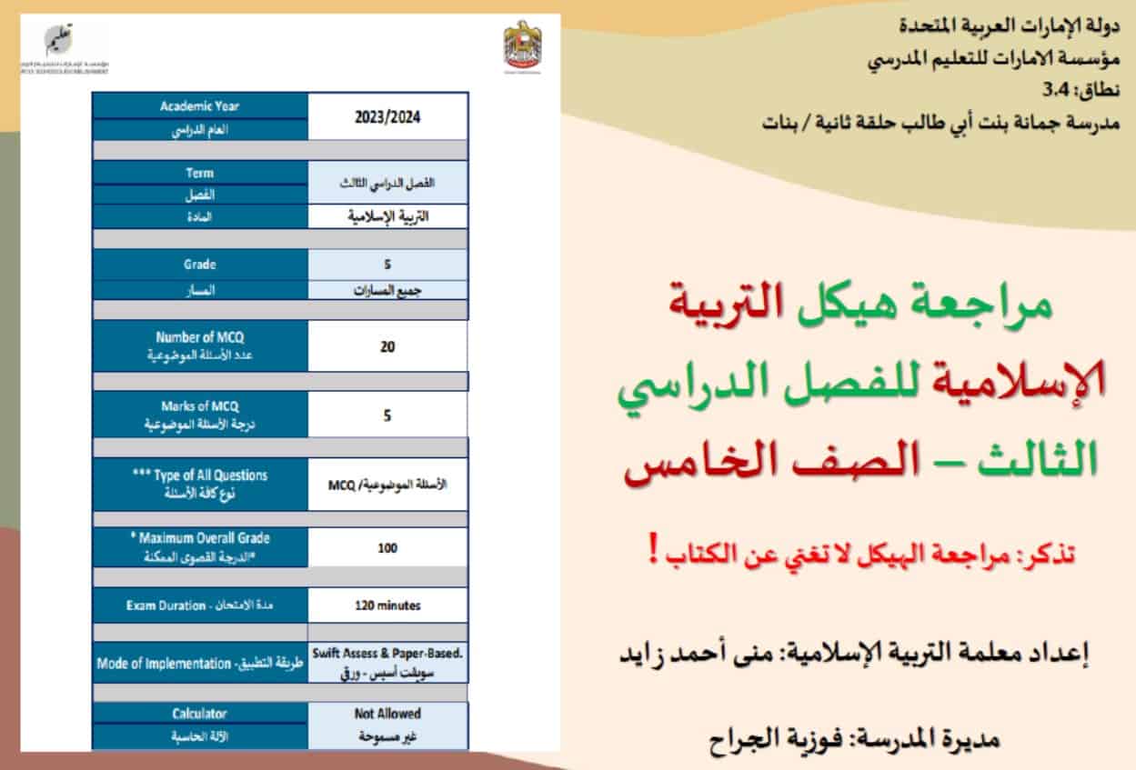 مراجعة هيكل الاختبار التربية الإسلامية الصف الخامس