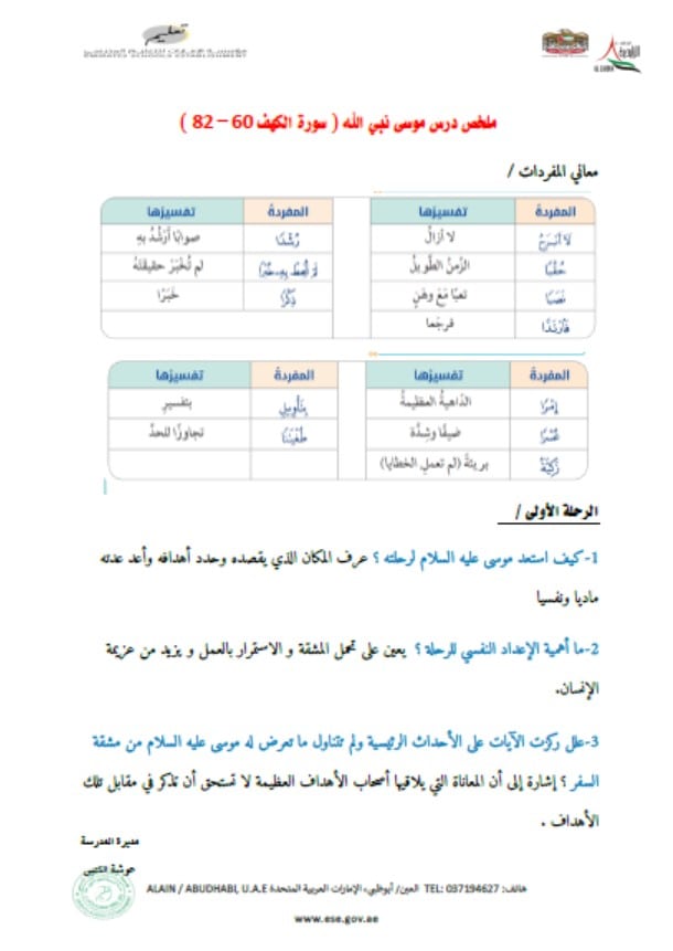 ملخص درس موسى نبي الله التربية الإسلامية الصف العاشر