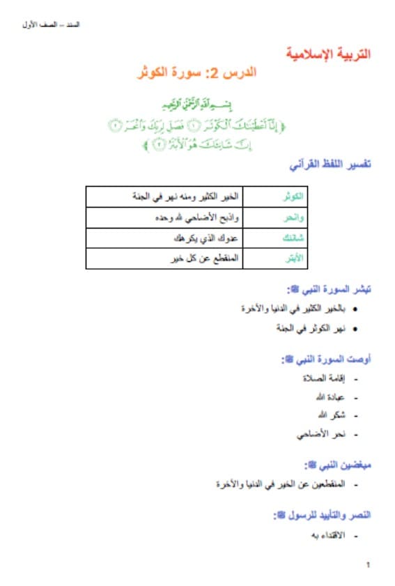 ملخص وأوراق عمل درس سورة الكوثر التربية الإسلامية الصف الأول