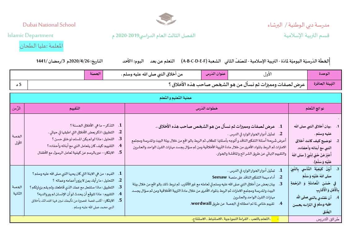 الخطة الدرسية اليومية من أخلاق النبي صلى الله عليه وسلم التربية الإسلامية الصف الثاني