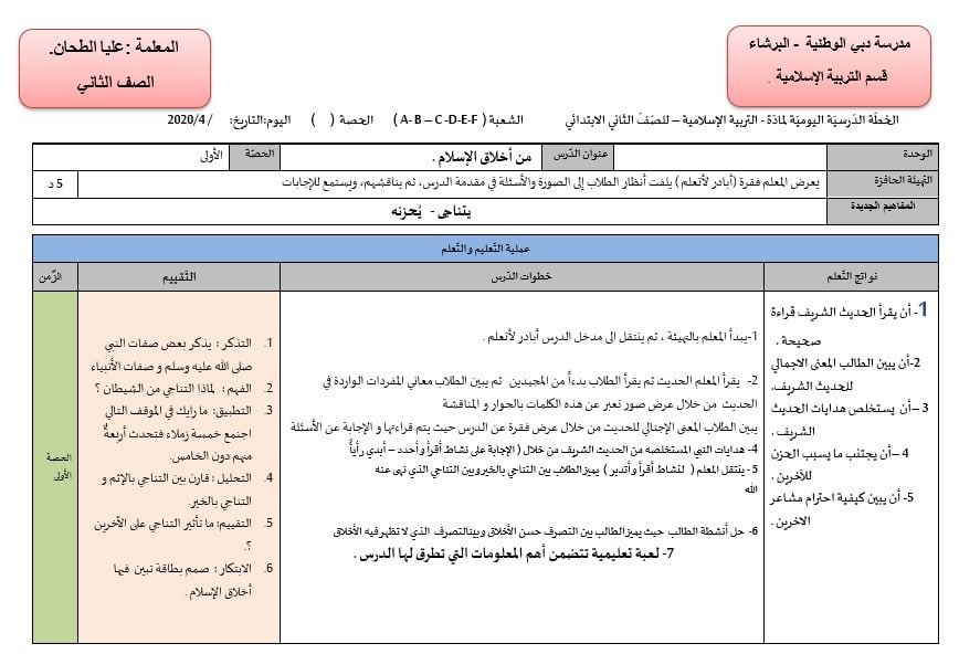 الخطة الدرسية اليومية من أخلاق الإسلام التربية الإسلامية الصف الثاني