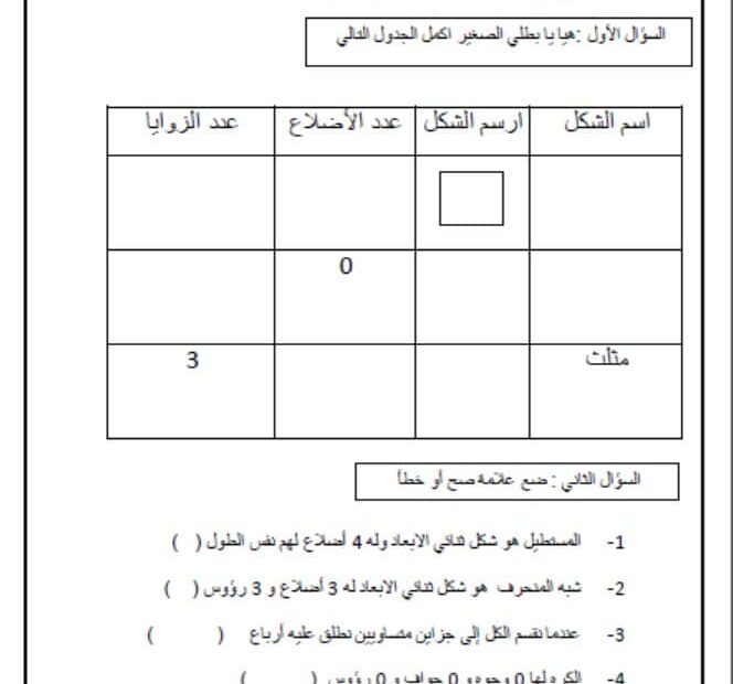 ورقة عمل الوحدة العاشرة الأشكال الهندسية والحصص المتساوية الرياضيات المتكاملة الصف الثاني