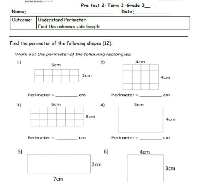 ورقة عمل Pre test 2 الرياضيات المتكاملة الصف الثالث