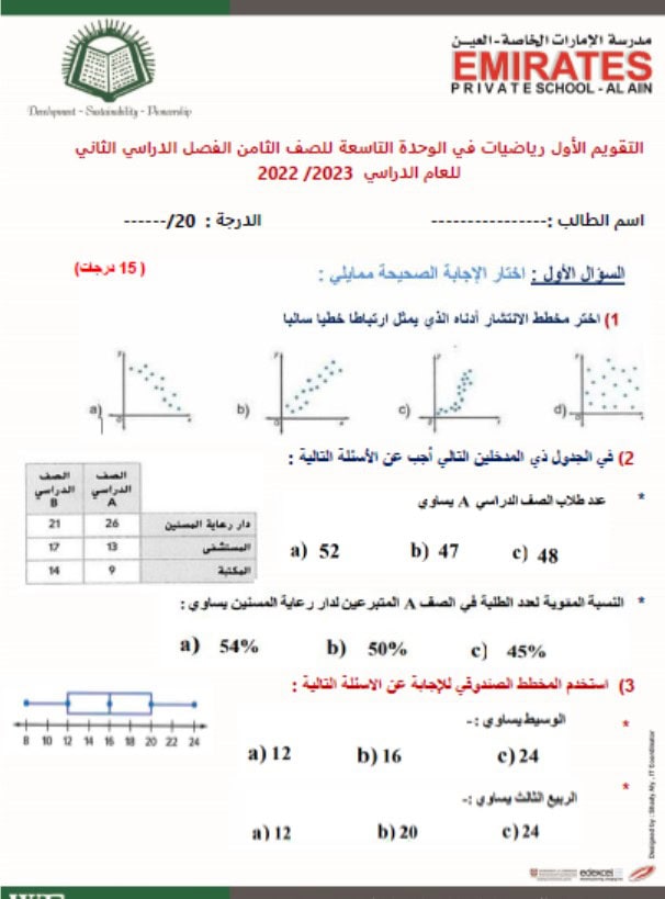 الاختبار القصير الأول الوحدة التاسعة الرياضيات المتكاملة الصف الثامن