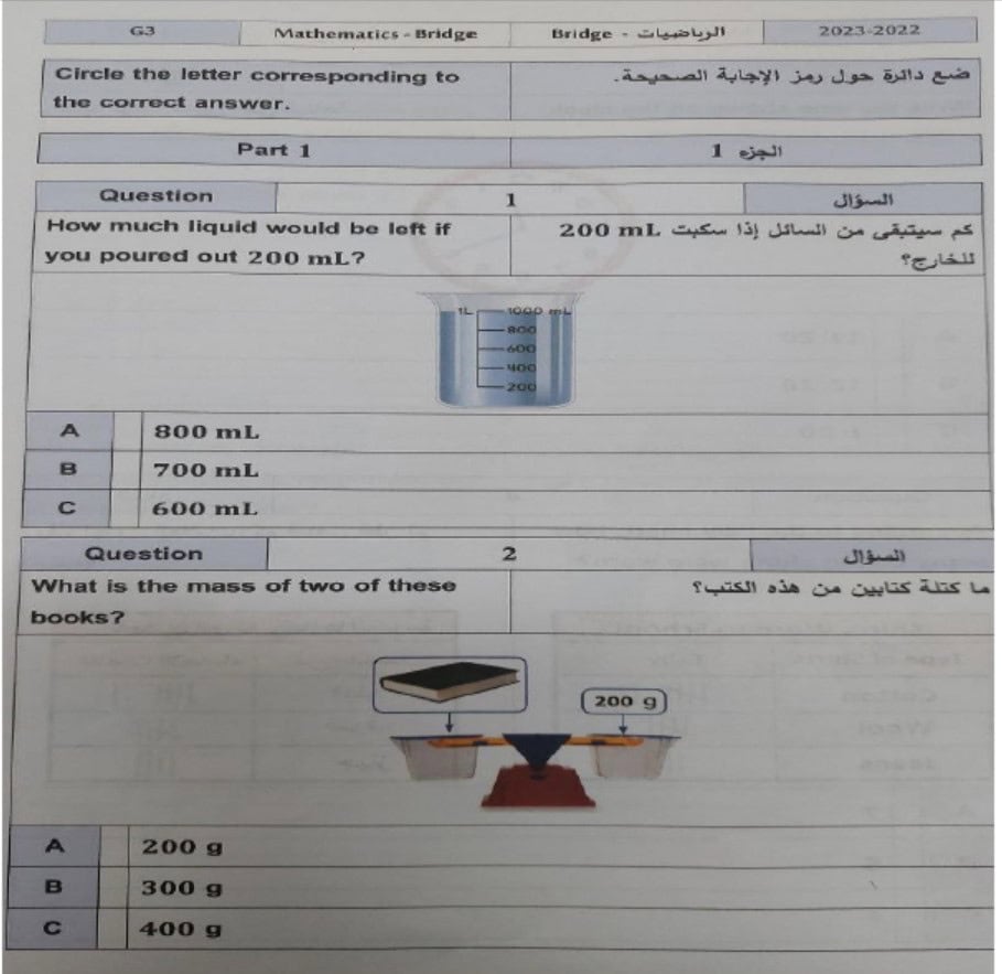 امتحان نهاية الفصل الرياضيات المتكاملة الصف الثالث الفصل الدراسي الثالث 2022-2023