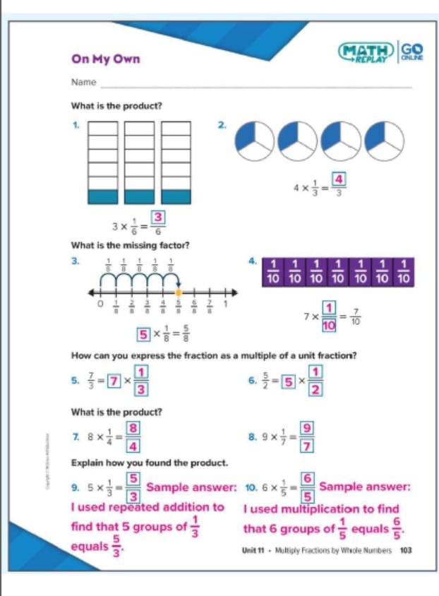 حل كتاب الطالب الوحدة الحادية عشر Multiply Fractions by whole numbers الرياضيات المتكاملة الصف الرابع 