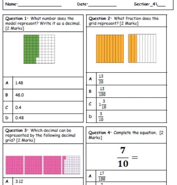 ورقة عمل Assessment 1 الرياضيات المتكاملة الصف الرابع Reveal