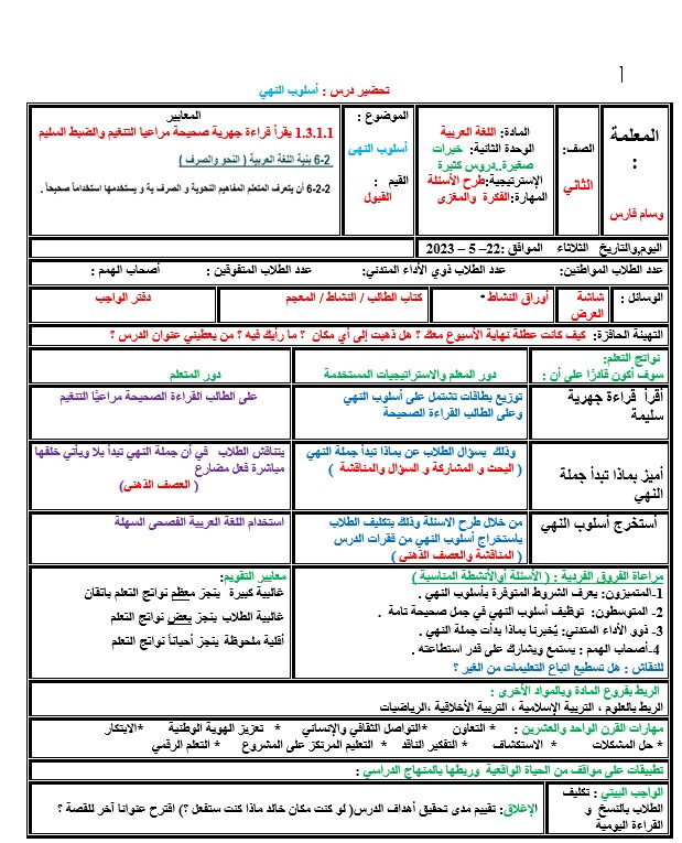 الخطة الدرسية اليومية أسلوب النهي اللغة العربية الصف الثاني 