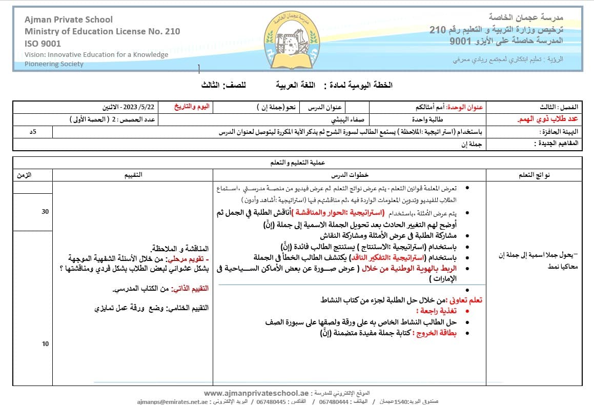 الخطة الدرسية اليومية جملة إن اللغة العربية الصف الثالث