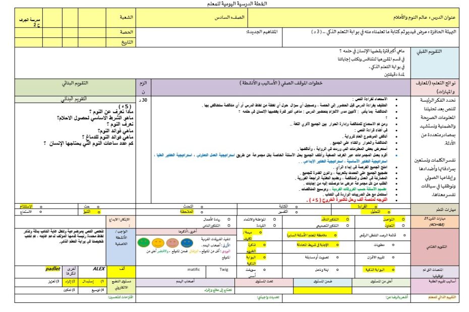 الخطة الدرسية اليومية عالم النور والأحلام اللغة العربية الصف السادس