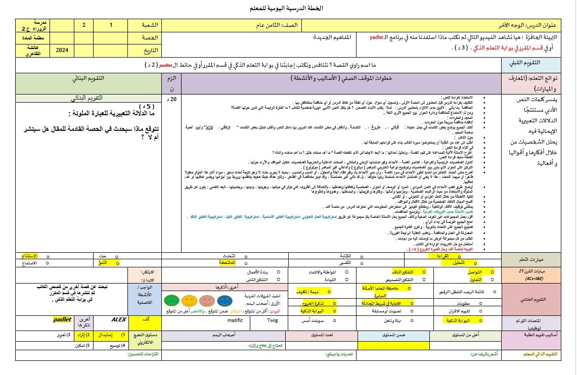 الخطة الدرسية اليومية الوجه الآخر اللغة العربية الصف الثامن