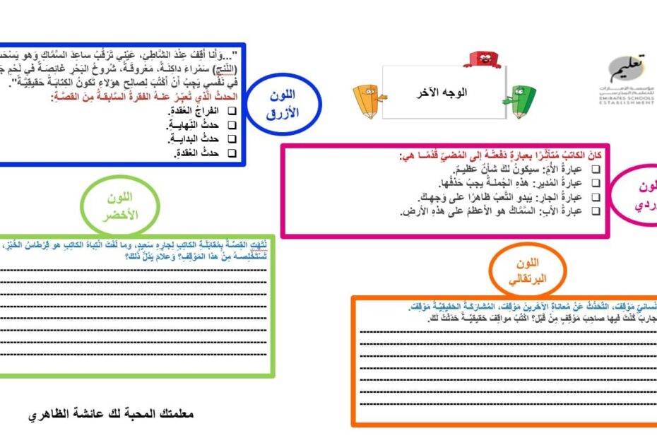 ورقة عمل درس الوجه الآخر اللغة العربية الصف الثامن - بوربوينت