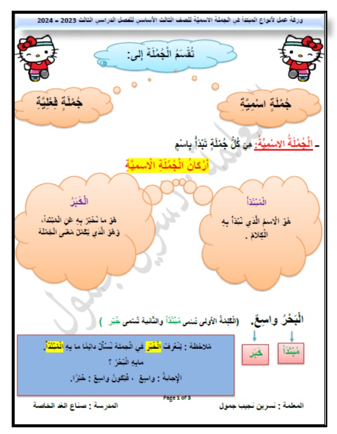 حل ورقة عمل أنواع المبتدأ في الجملة الاسمية اللغة العربية الصف الثالث