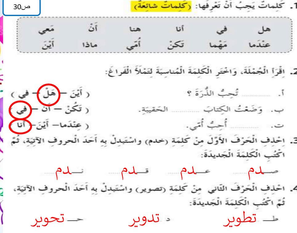 حل كتاب النشاط الوحدة السابعة أمي اللغة العربية الصف الأول - بوربوينت