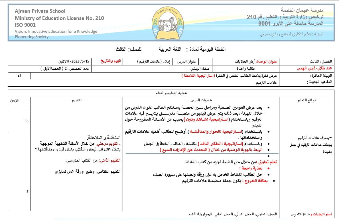 الخطة الدرسية اليومية علامات الترقيم اللغة العربية الصف الثالث