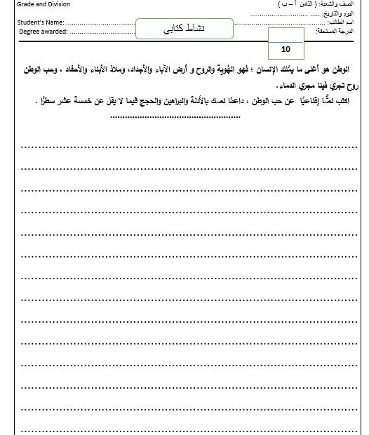 نشاط كتابي نص إقناعي هل الوطن ضرورة ملحة اللغة العربية الصف الثامن