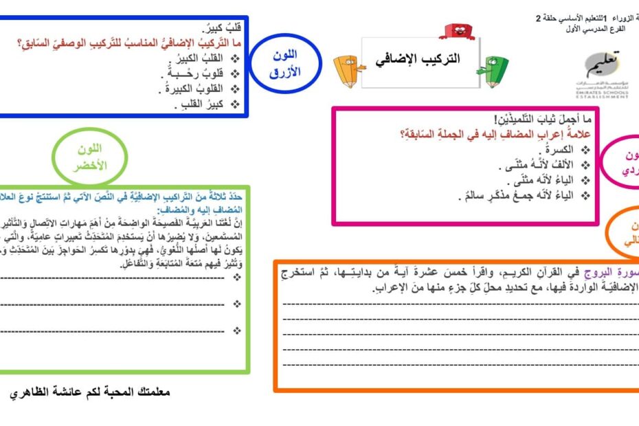 ورقة عمل التركيب الإضافي اللغة العربية الصف الثامن - بوربوينت