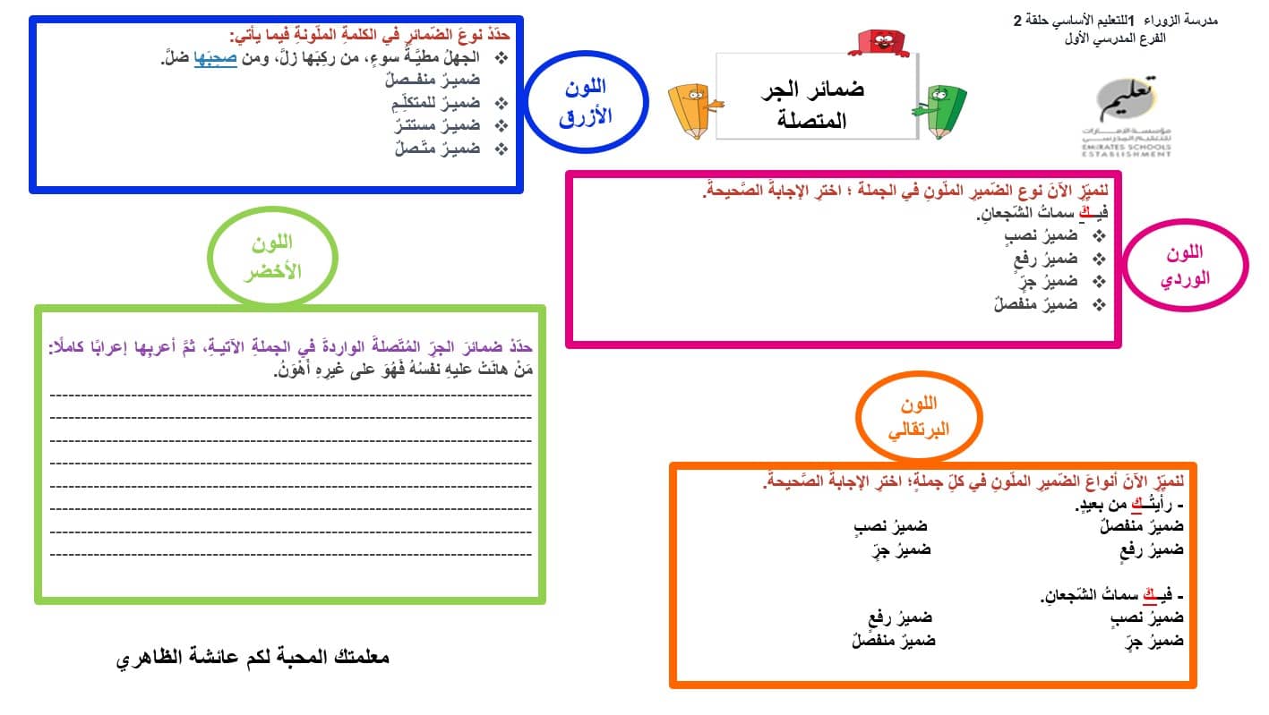 ورقة عمل ضمائر الجر المتصلة اللغة العربية الصف الثامن - بوربوينت