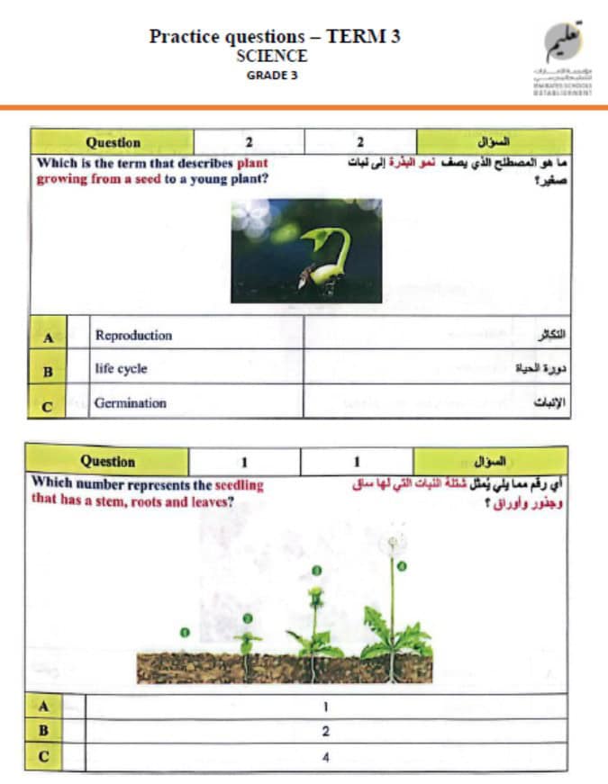 حل مراجعة Practice questions العلوم المتكاملة الصف الثالث