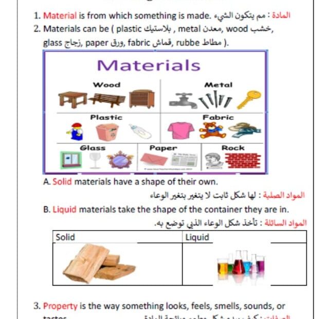 ملخص درس Investigate material العلوم المتكاملة الصف الأول