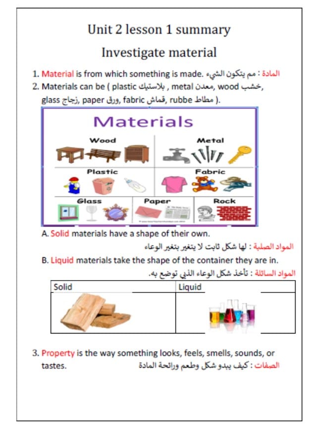 ملخص درس Investigate material العلوم المتكاملة الصف الأول 