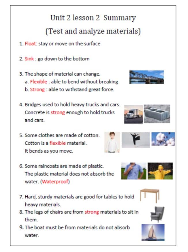 ملخص درس Test and analyze materials العلوم المتكاملة الصف الأول