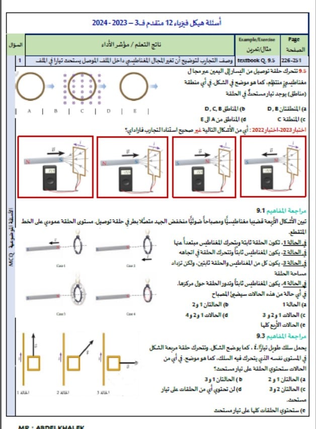 أسئلة هيكل امتحان الفيزياء الصف الثاني عشر متقدم