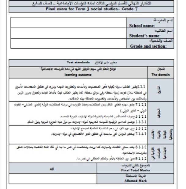 الاختبار النهائي لأصحاب الهمم الدراسات الإجتماعية والتربية الوطنية الصف السابع