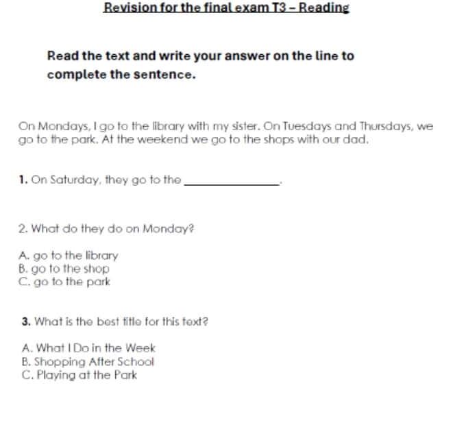 حل تدريبات Revision for the final exam Reading اللغة الإنجليزية الصف الخامس