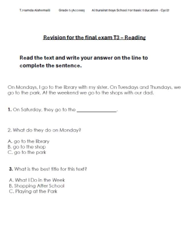 حل تدريبات Revision for the final exam Reading اللغة الإنجليزية الصف الخامس