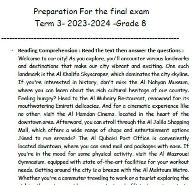 حل نموذج امتحان final exam اللغة الإنجليزية الصف الثامن