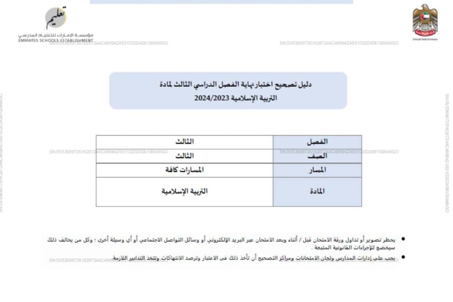 دليل التصحيح اختبار نهاية الفصل التربية الإسلامية الصف الثالث الفصل الدراسي الثالث 2023-2024