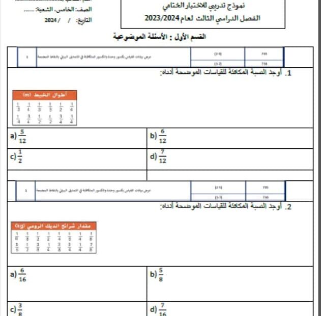 حل نموذج تدريبي للاختبار الختامي الرياضيات المتكاملة الصف الخامس